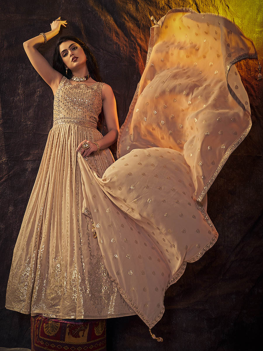 Myra Peach Real Georgette Designer Gown Style Suit | Grocsy