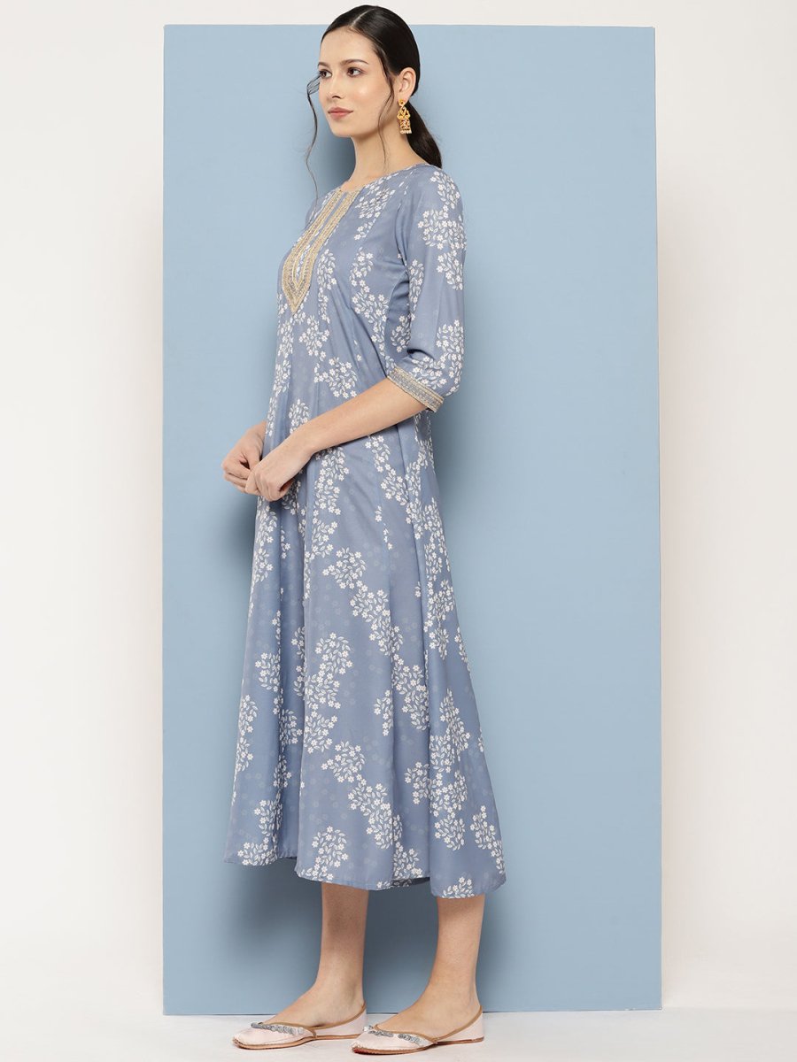 Ahalyaa Floral Printed Midi A-Line Ethnic Dress | Grocsy
