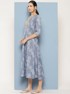 Ahalyaa Floral Printed Midi A-Line Ethnic Dress | Grocsy