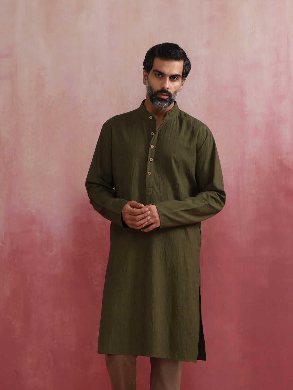 trueBrowns Men's Olive green Mandarin Collar Kurta | Grocsy
