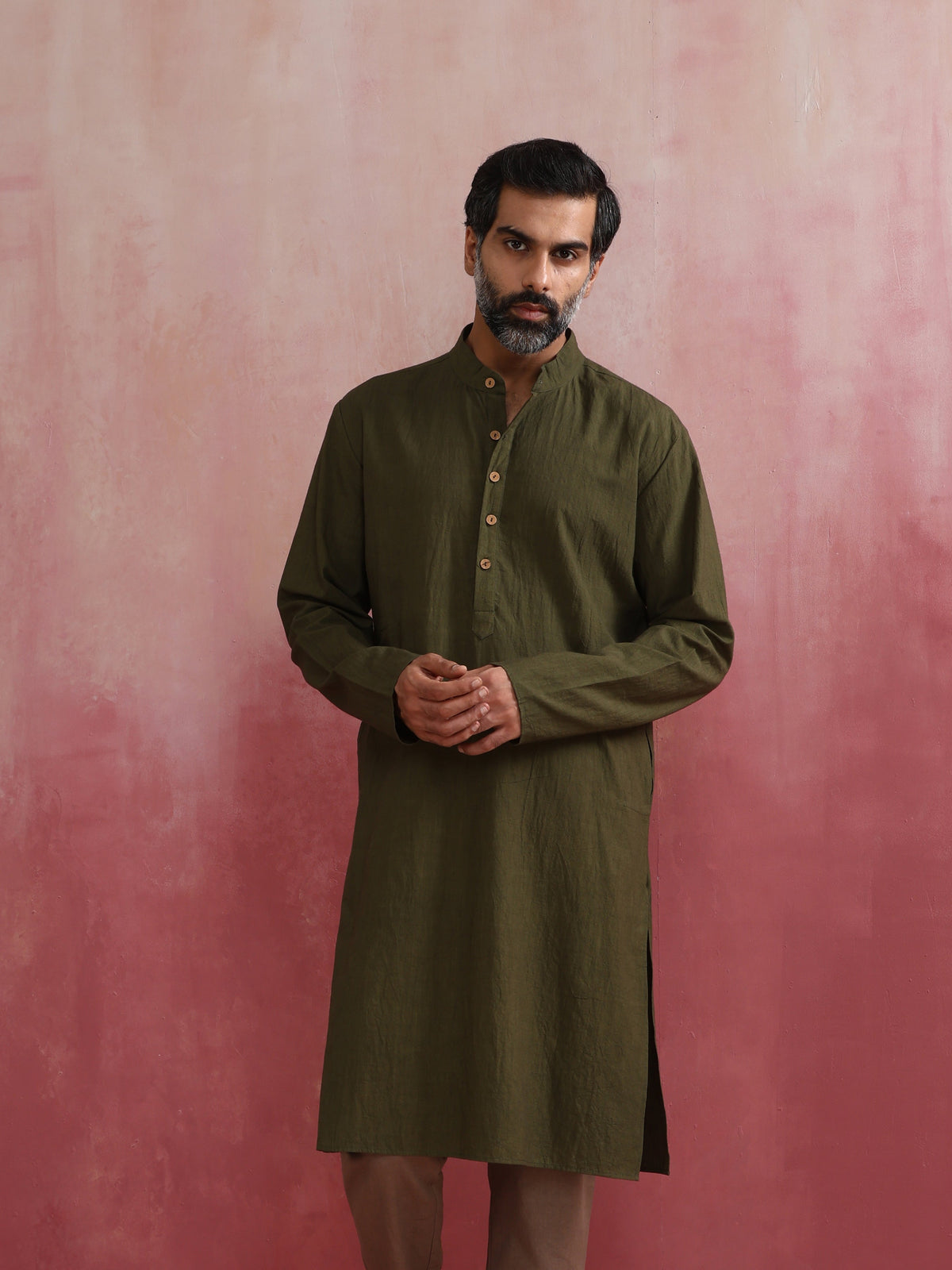 trueBrowns Men's Olive green Mandarin Collar Kurta | Grocsy