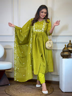 The52 Women's Gorgeous Chinon Embroidery Straight Kurta with Pant And Dupatta Set | Grocsy