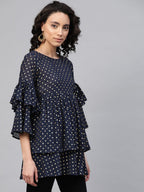 Ahalyaa Women Navy Blue & Golden Polka Dots Print Tiered Beautiful Tunic | Grocsy