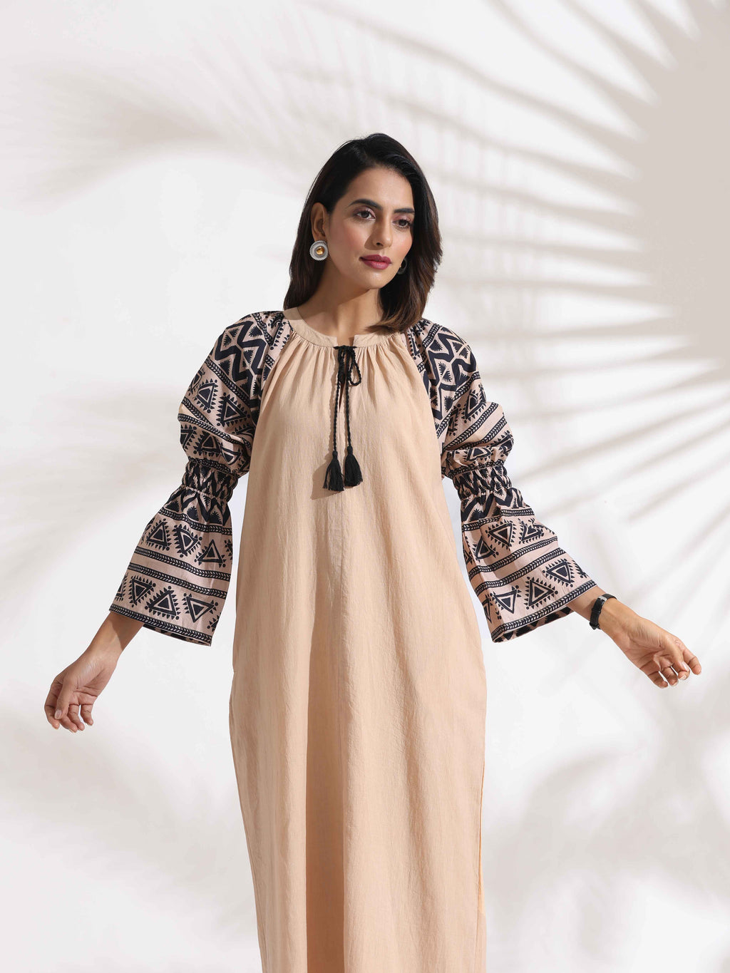 trueBrowns Beige Cotton Print Long Dress | Grocsy