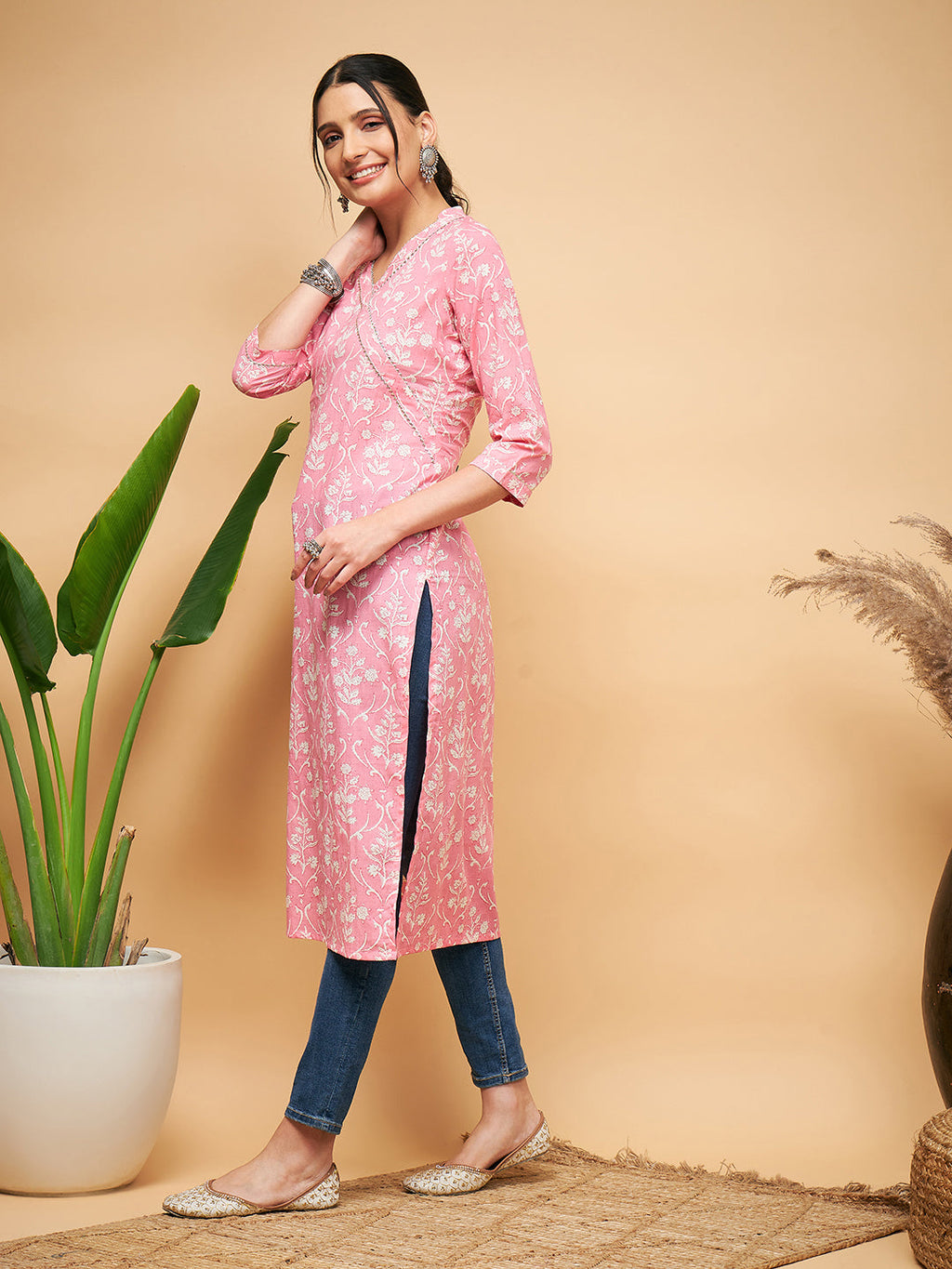 InWeave Women's Light Pink Floral Print Straight Angrakha Gota Kurta | Grocsy