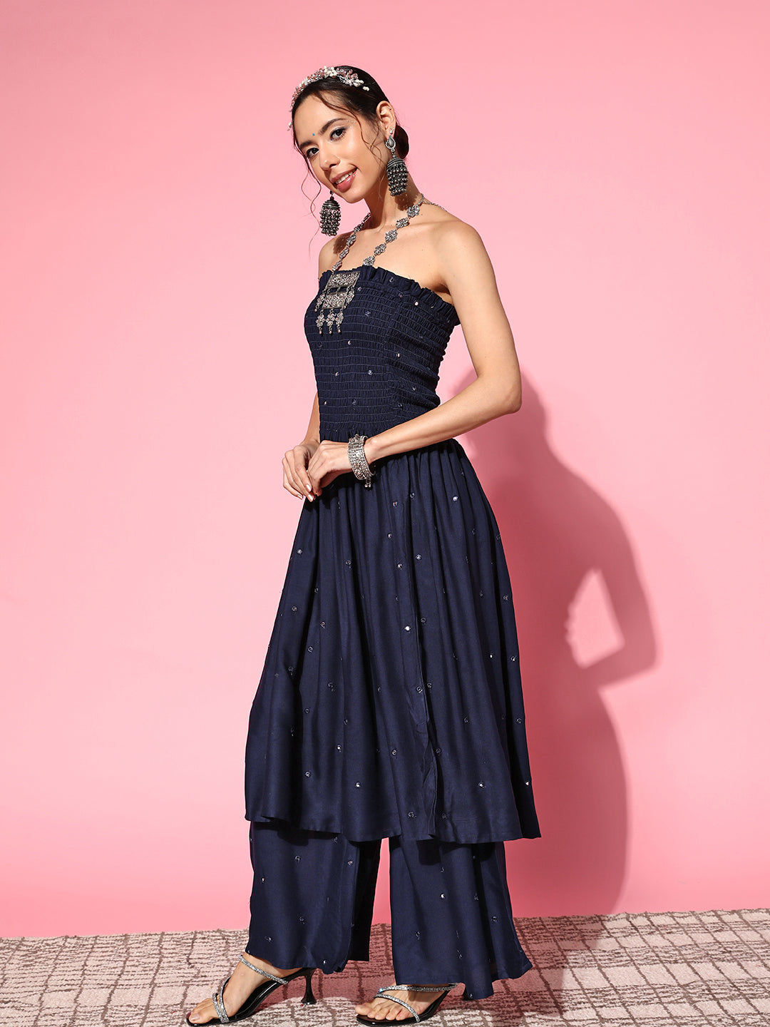 InWeave Women's Navy Blue Mirror Work Off Shoulder Kurta Set | Grocsy
