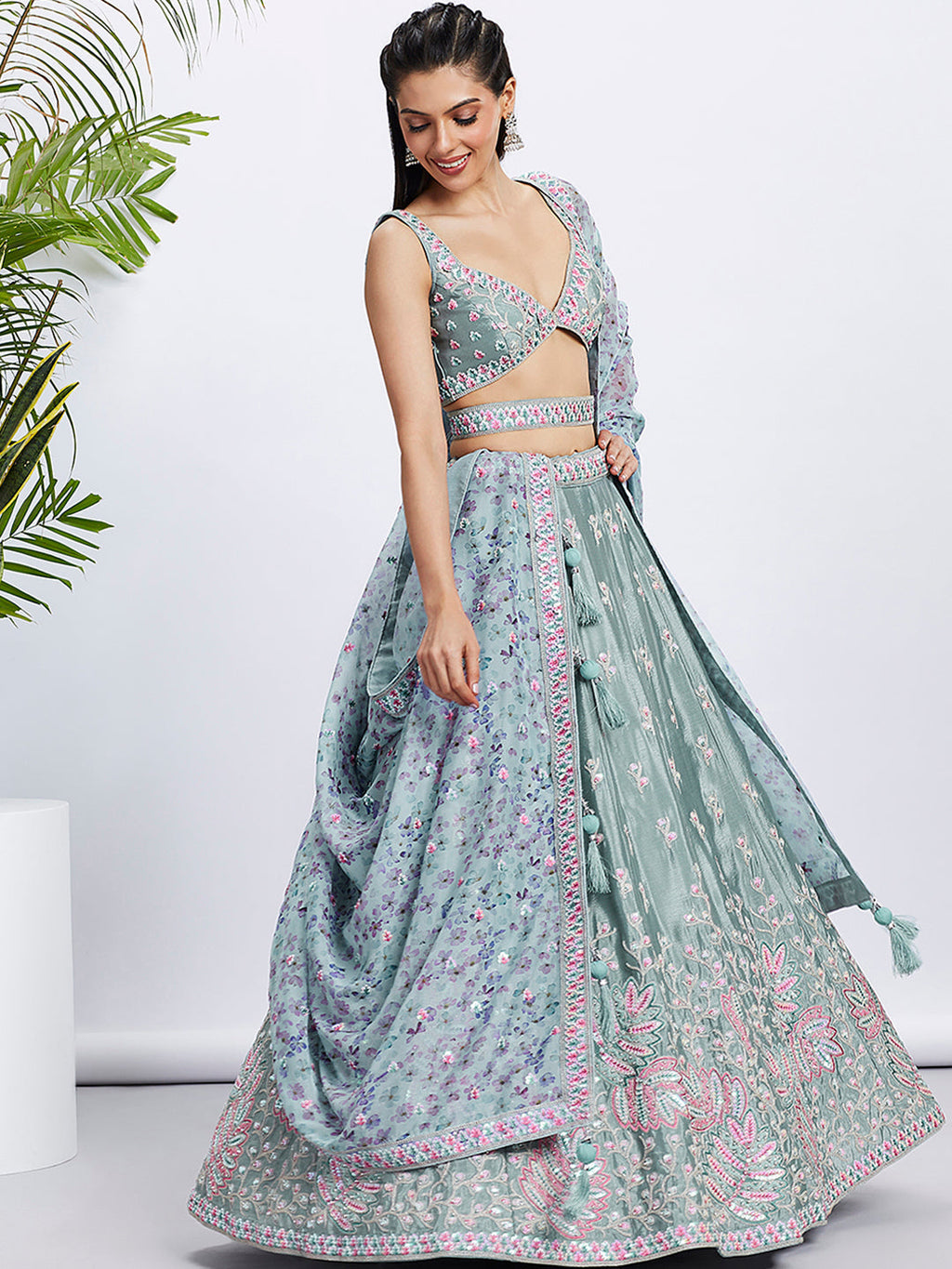 House of Panchhi Pink Georgette Sequins And Thread Embroidery Lehenga Choli & Dupatta | Grocsy