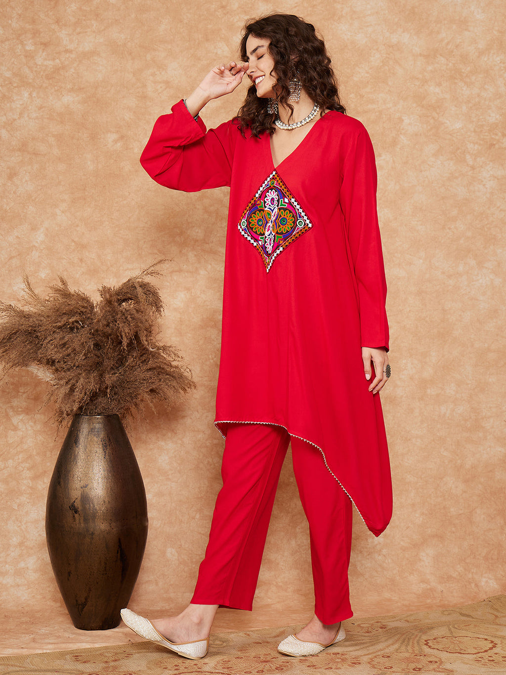 InWeave Women's Red Square Maroon Patch Work Assymentrical Kurta Set | Grocsy
