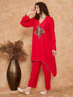 InWeave Women's Red Square Maroon Patch Work Assymentrical Kurta Set | Grocsy