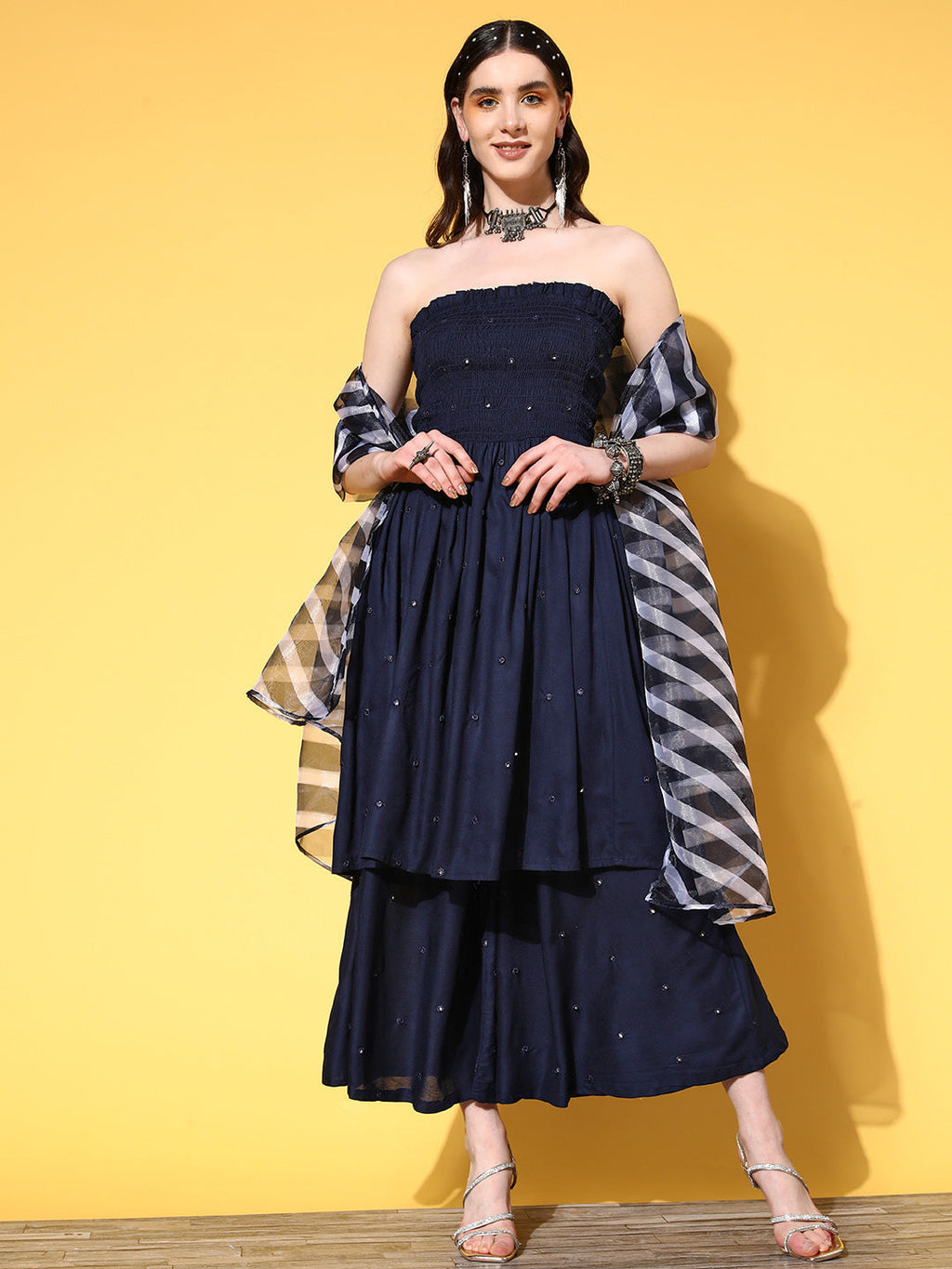 InWeave Women's Navy Mirror Work Off Shoulder Kurta Set With Dupatta | Grocsy