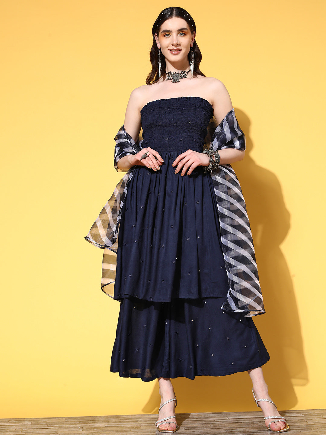 InWeave Women's Navy Mirror Work Off Shoulder Kurta Set With Dupatta | Grocsy