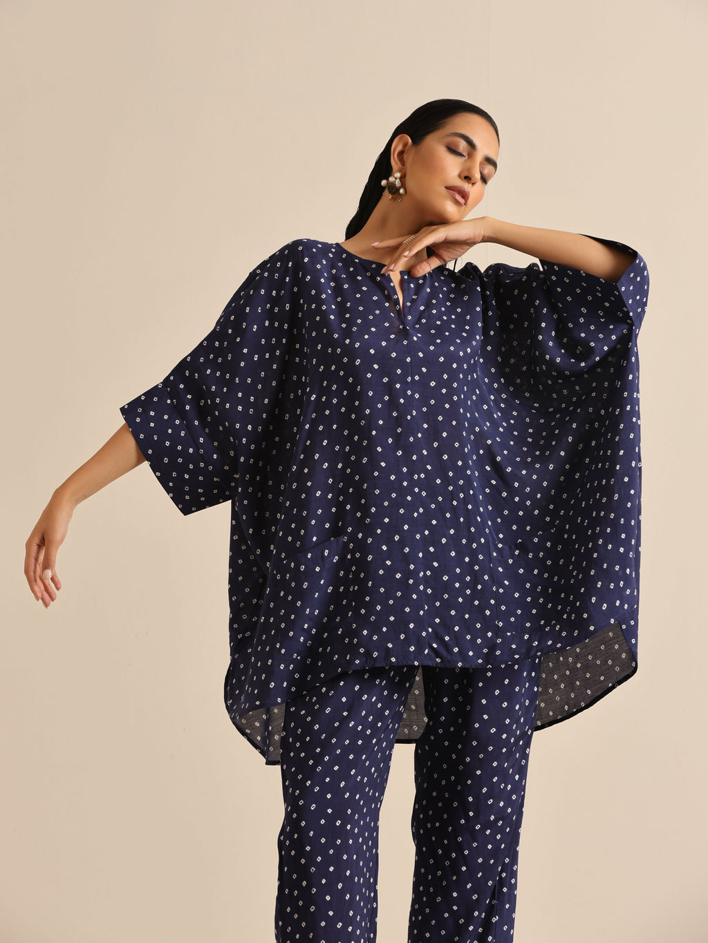 trueBrowns Blue Bandhani Silk Printed Boxy Fit Co-Ord Set | Grocsy