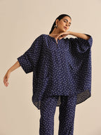 trueBrowns Blue Bandhani Silk Printed Boxy Fit Co-Ord Set | Grocsy