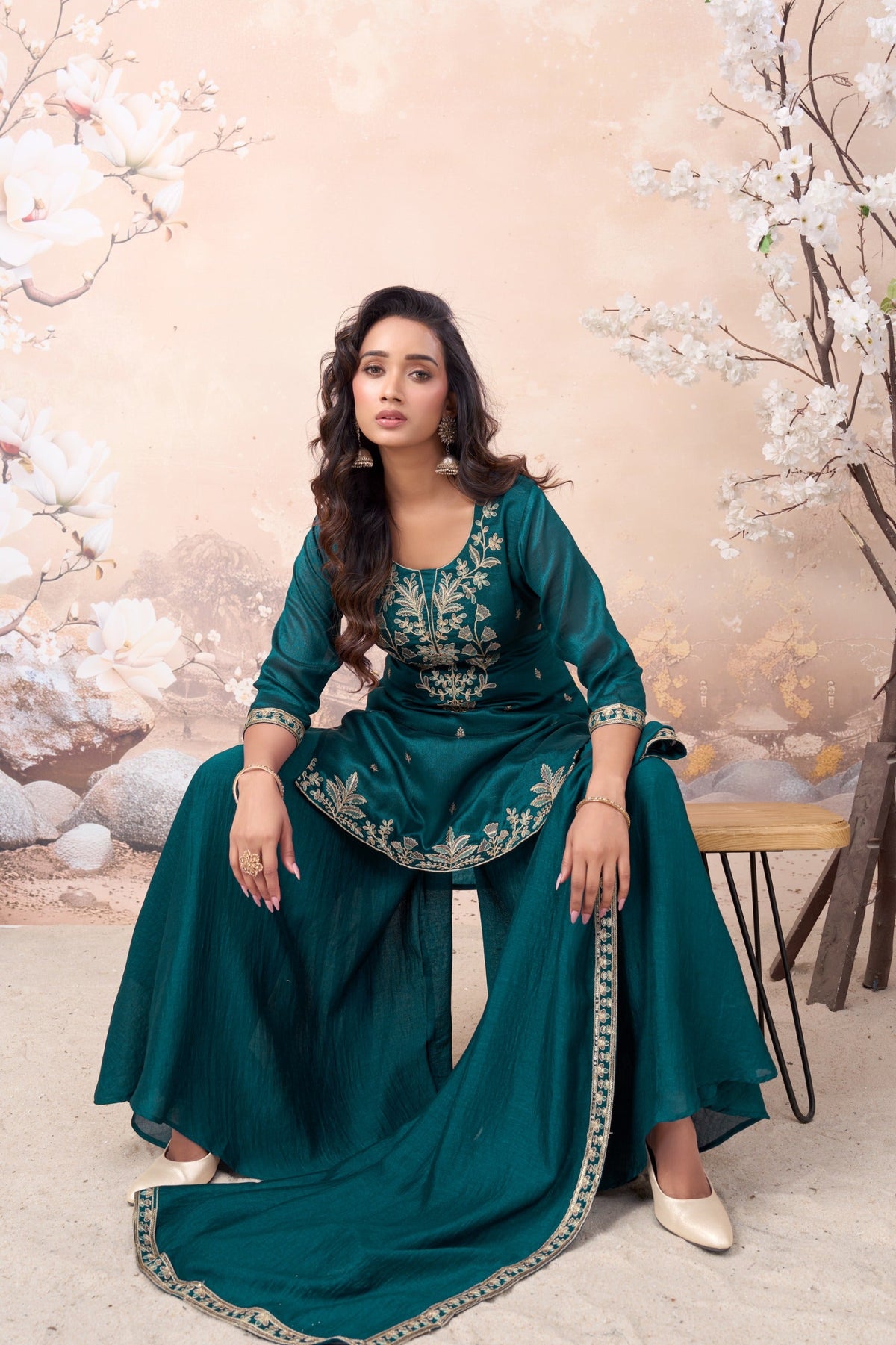 Anaita Teal Vichitra Silk Readymade Suit with Coding Work | Grocsy