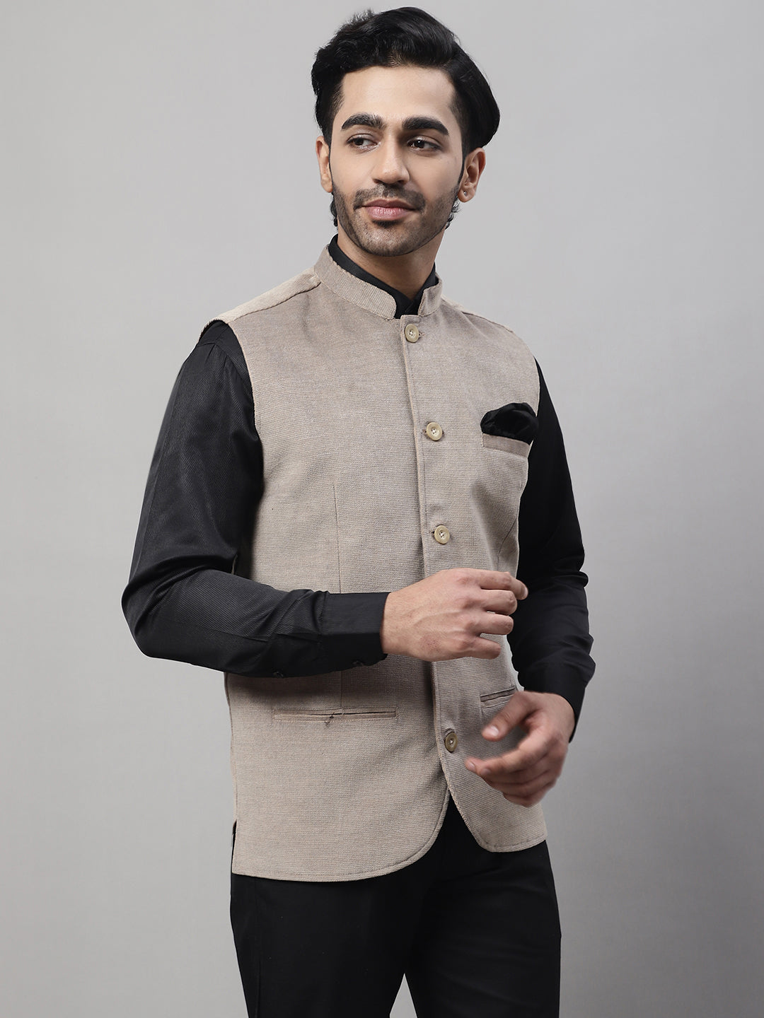 Even Apparels Men's Beige Nehru Jacket With Welt Pockets | Grocsy