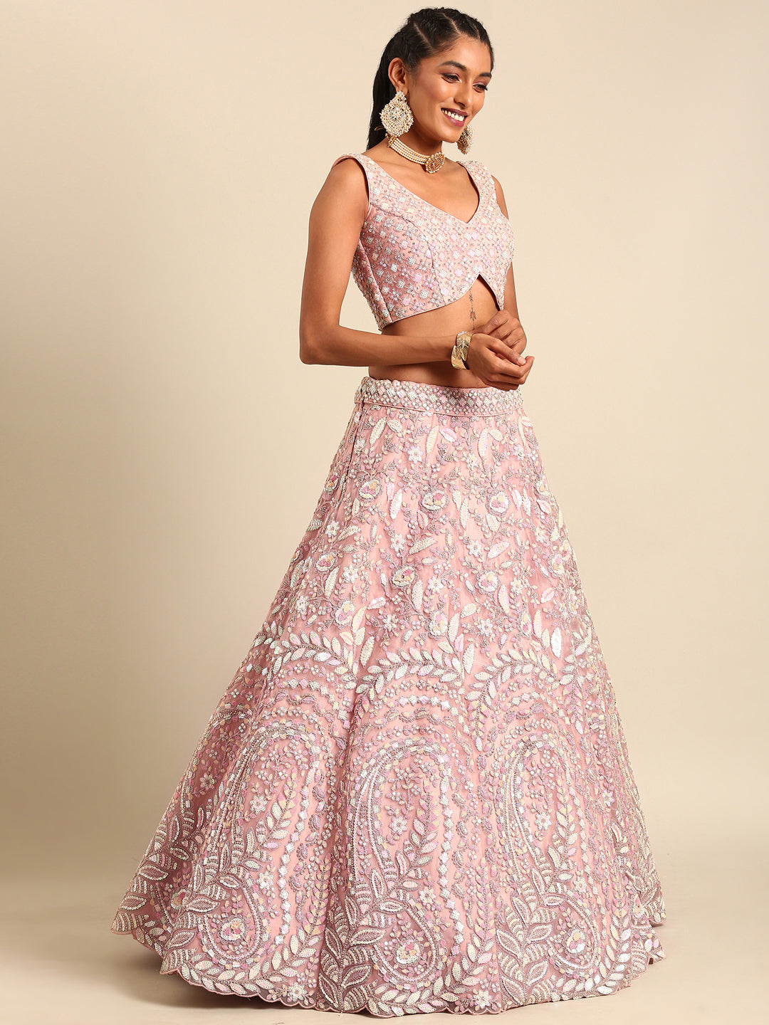 House of Panchhi Pink Net Multi Sequins with heavy Zarkan embroidery Lehenga choli & Dupatta | Grocsy