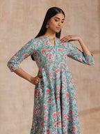 trueBrowns Turkish Blue Overall Floral Block Print Cotton Flared Kurta Pant Set | Grocsy