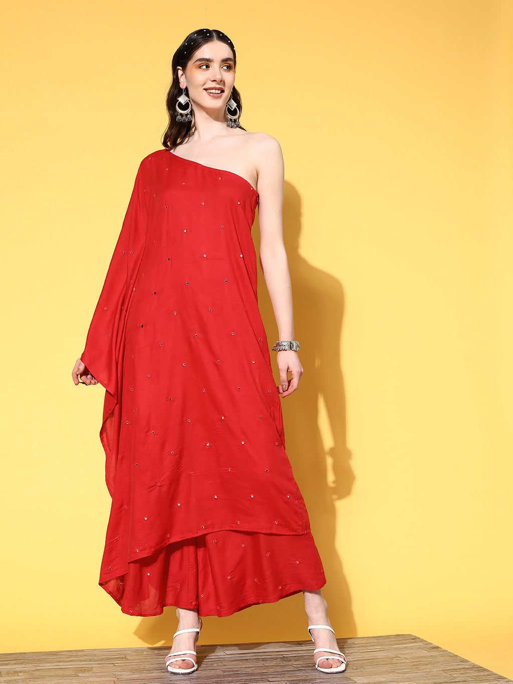 InWeave Women's Red Mirror Work One Shoulder Kurta Set | Grocsy