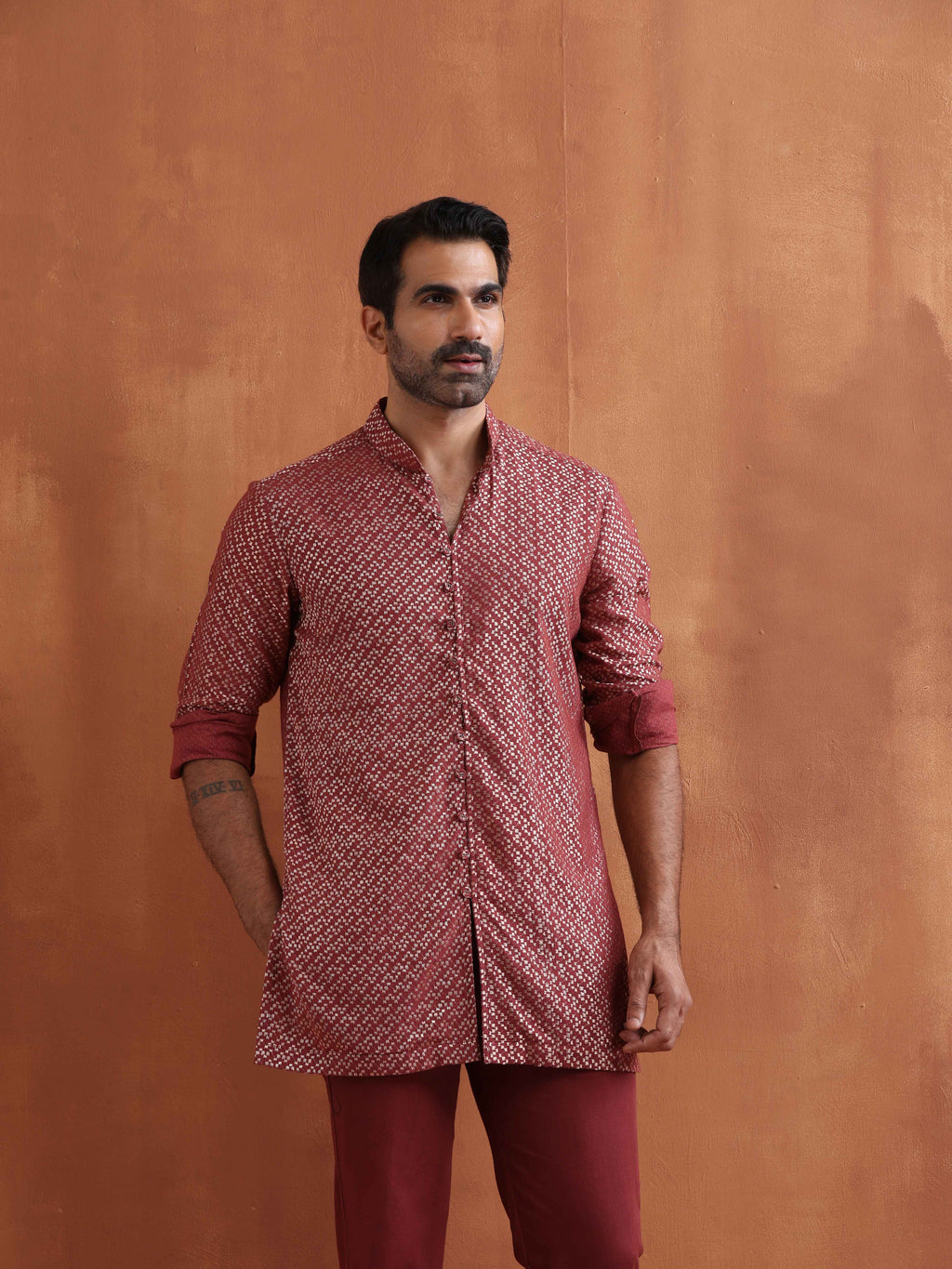 trueBrowns Men's Rust Cotton Dobby Short Kurta | Grocsy