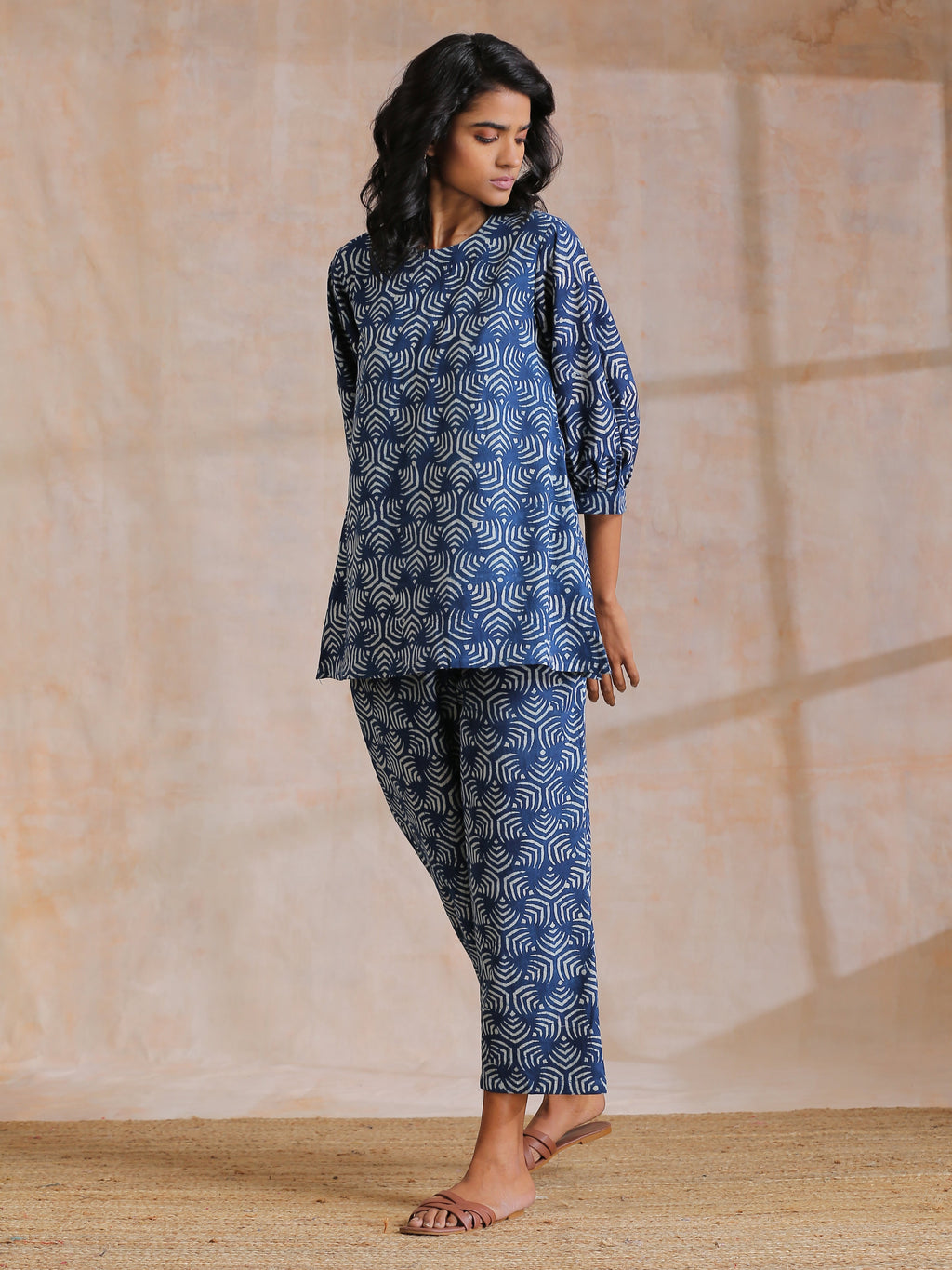trueBrowns Indigo Dabu Overall Print Cotton Baggy Sleeve Co-Ord Set | Grocsy
