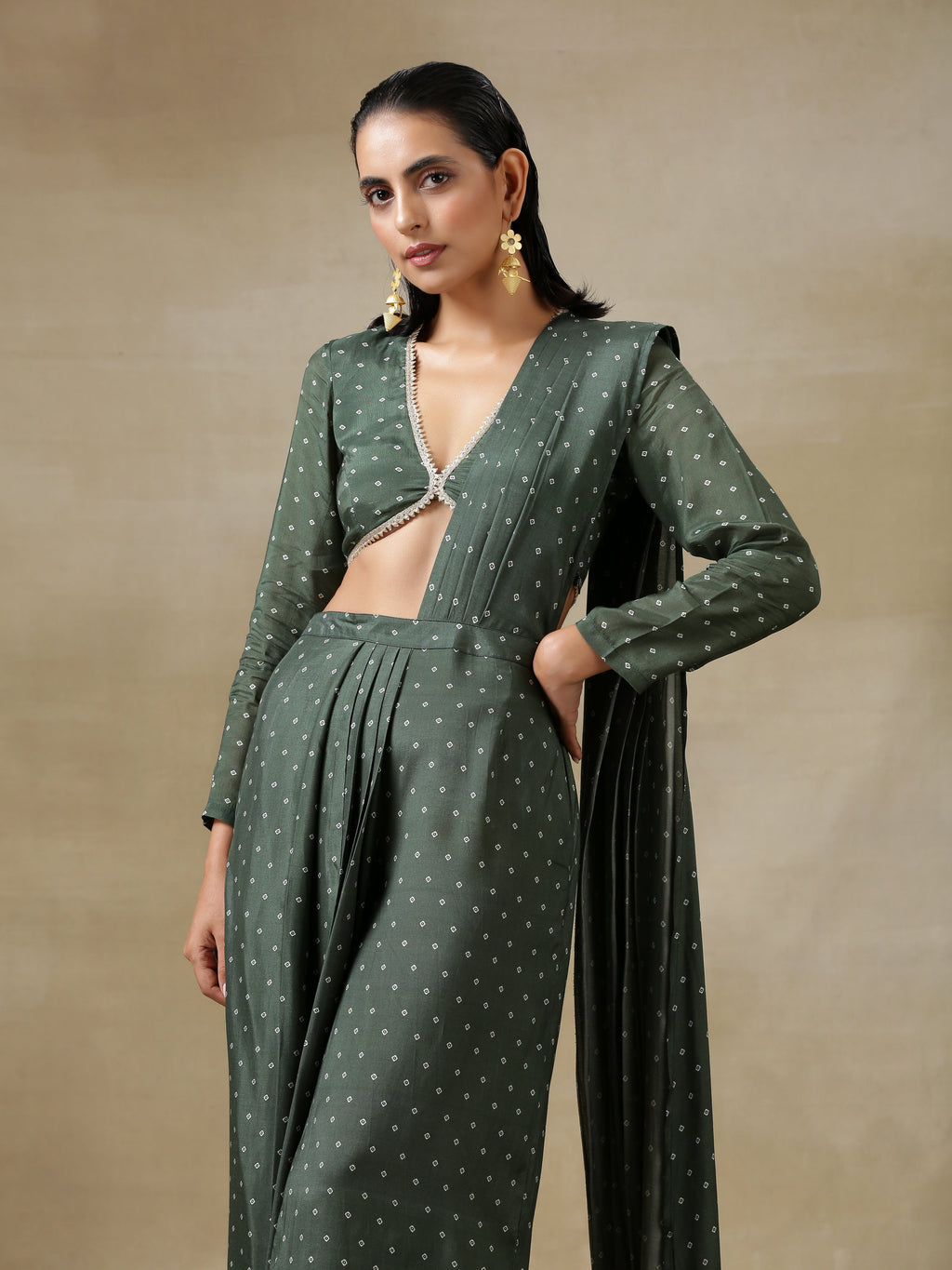 trueBrowns Dark Green Bandhani Printed Silk Palazzo Stitched Saree | Grocsy