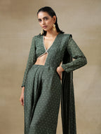 trueBrowns Dark Green Bandhani Printed Silk Palazzo Stitched Saree | Grocsy
