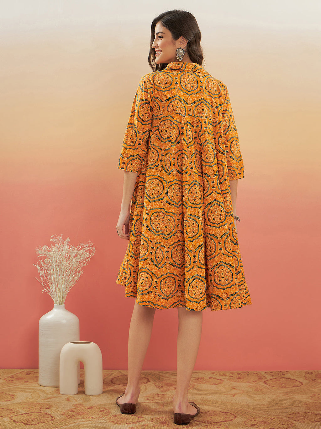 InWeave Women's Haldi Yellow Mughal Kalamkari Flared Dress | Grocsy