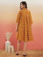 InWeave Women's Haldi Yellow Mughal Kalamkari Flared Dress | Grocsy