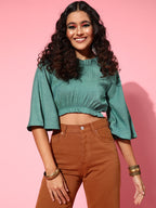 InWeave Women's Teal Blue High Neck Crop Top | Grocsy