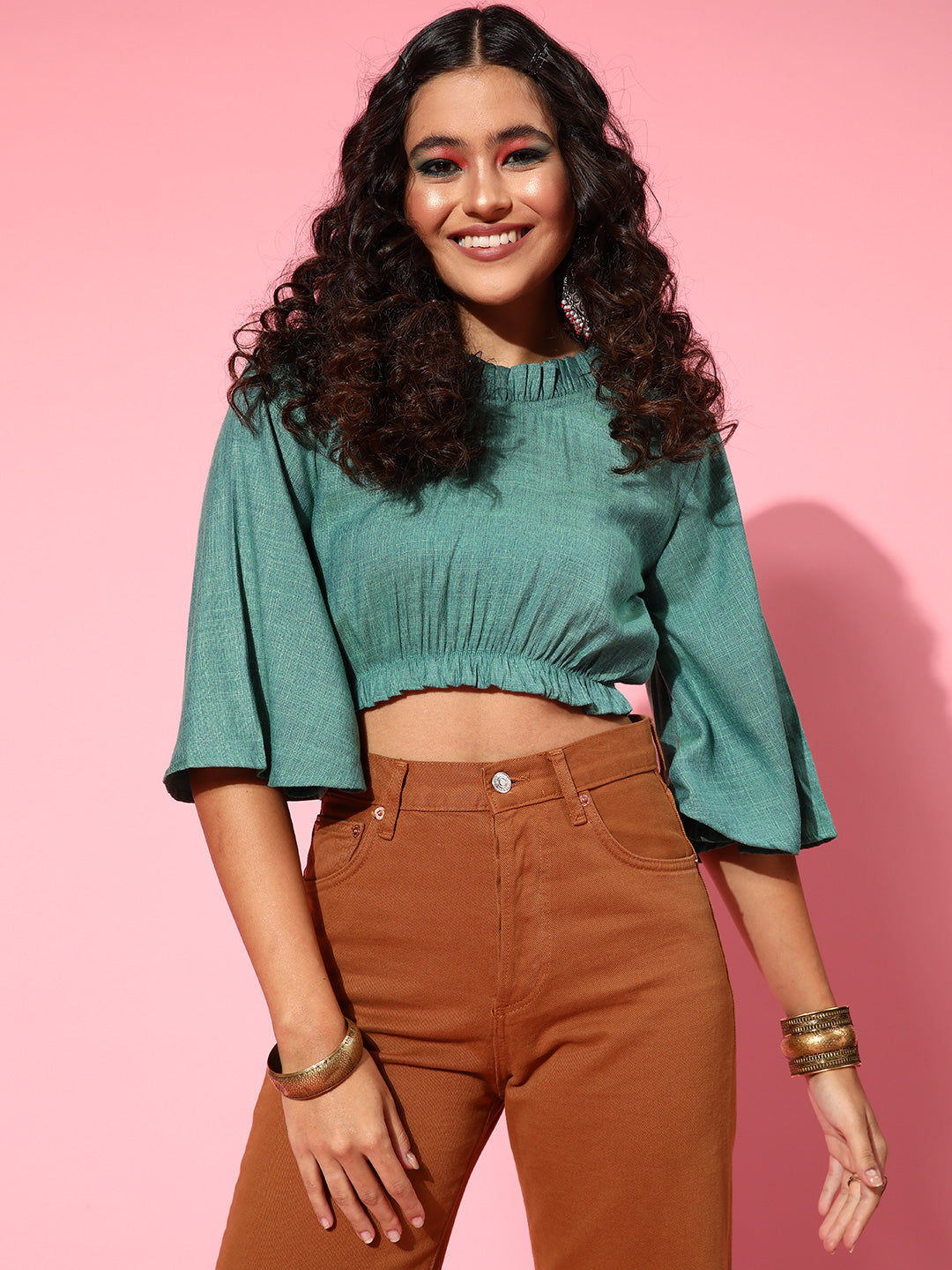 InWeave Women's Teal Blue High Neck Crop Top | Grocsy