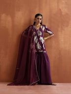 trueBrowns Purple Metallic Sharara Dupatta Set | Grocsy