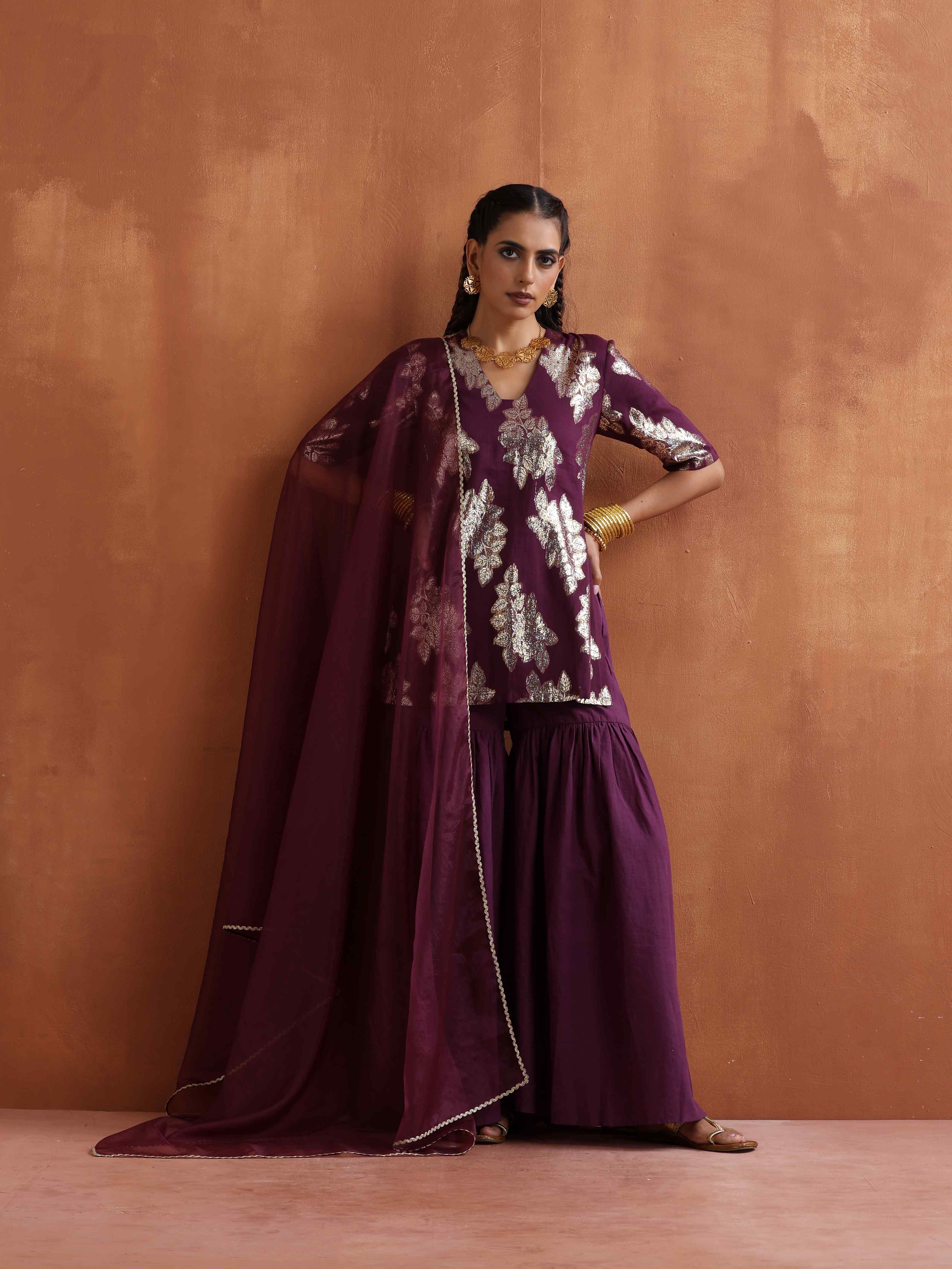 trueBrowns Purple Metallic Sharara Dupatta Set | Grocsy
