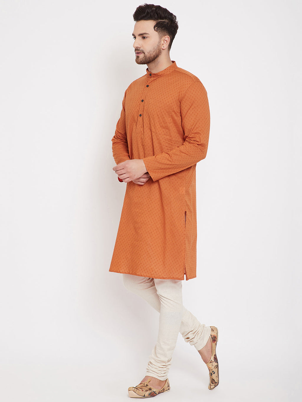 Even Apparels Orange Pure Cotton Kurta With Band Collar | Grocsy