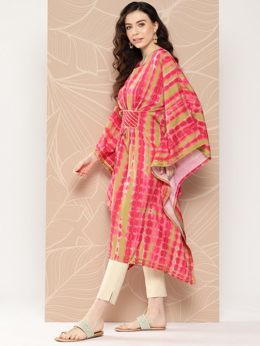 Ahalyaa Women Printed Flared Sleeves Gotta Patti Belted Detail Crepe Kaftan Kurta | Grocsy