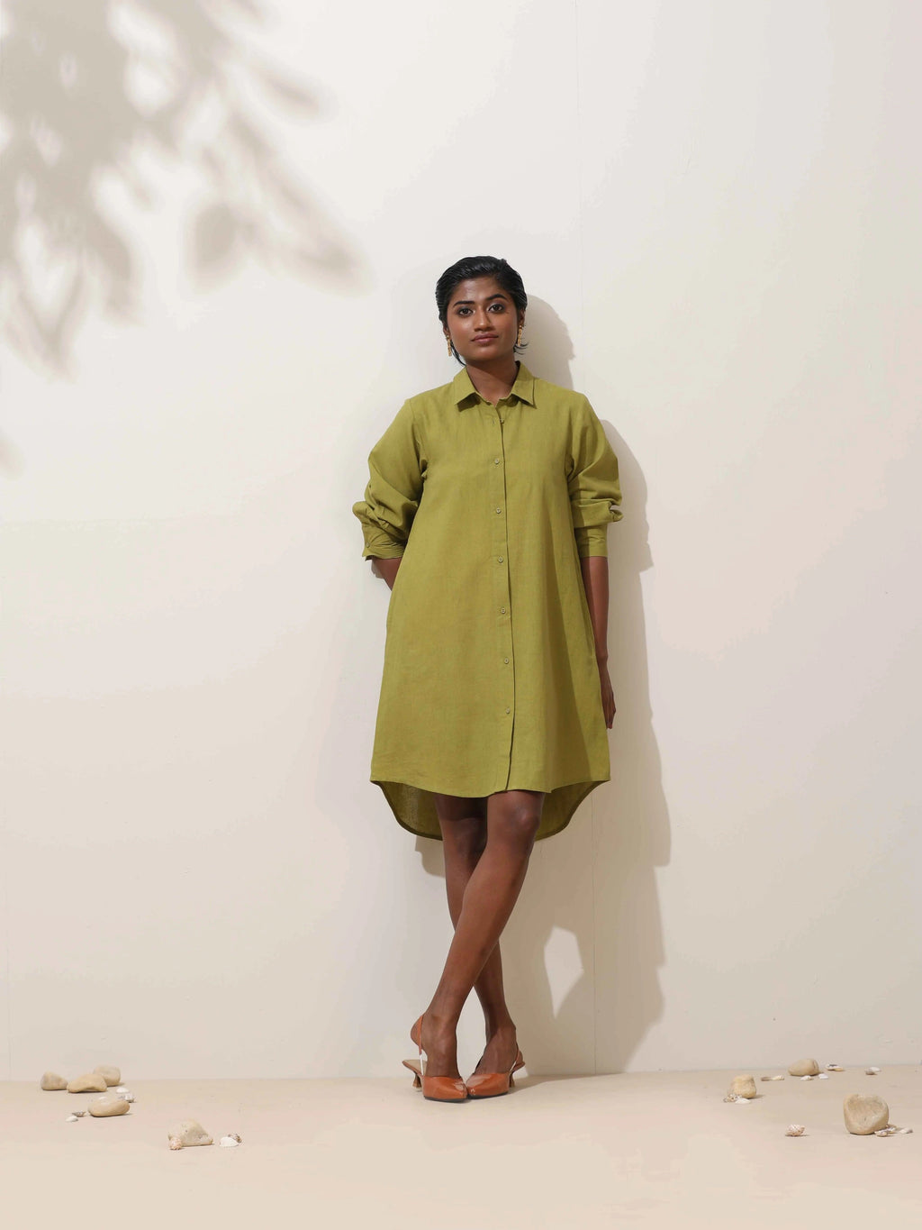 trueBrowns Pear Green Cotton Linen Dress | Grocsy