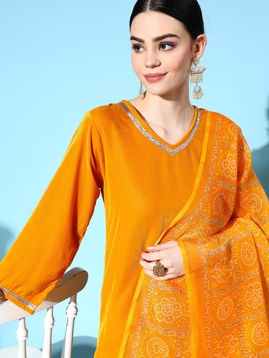 InWeave Women's Mustard Velvet Kurta Set With Mustard Kota Bandhani Dupatta | Grocsy