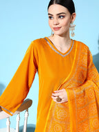 InWeave Women's Mustard Velvet Kurta Set With Mustard Kota Bandhani Dupatta | Grocsy