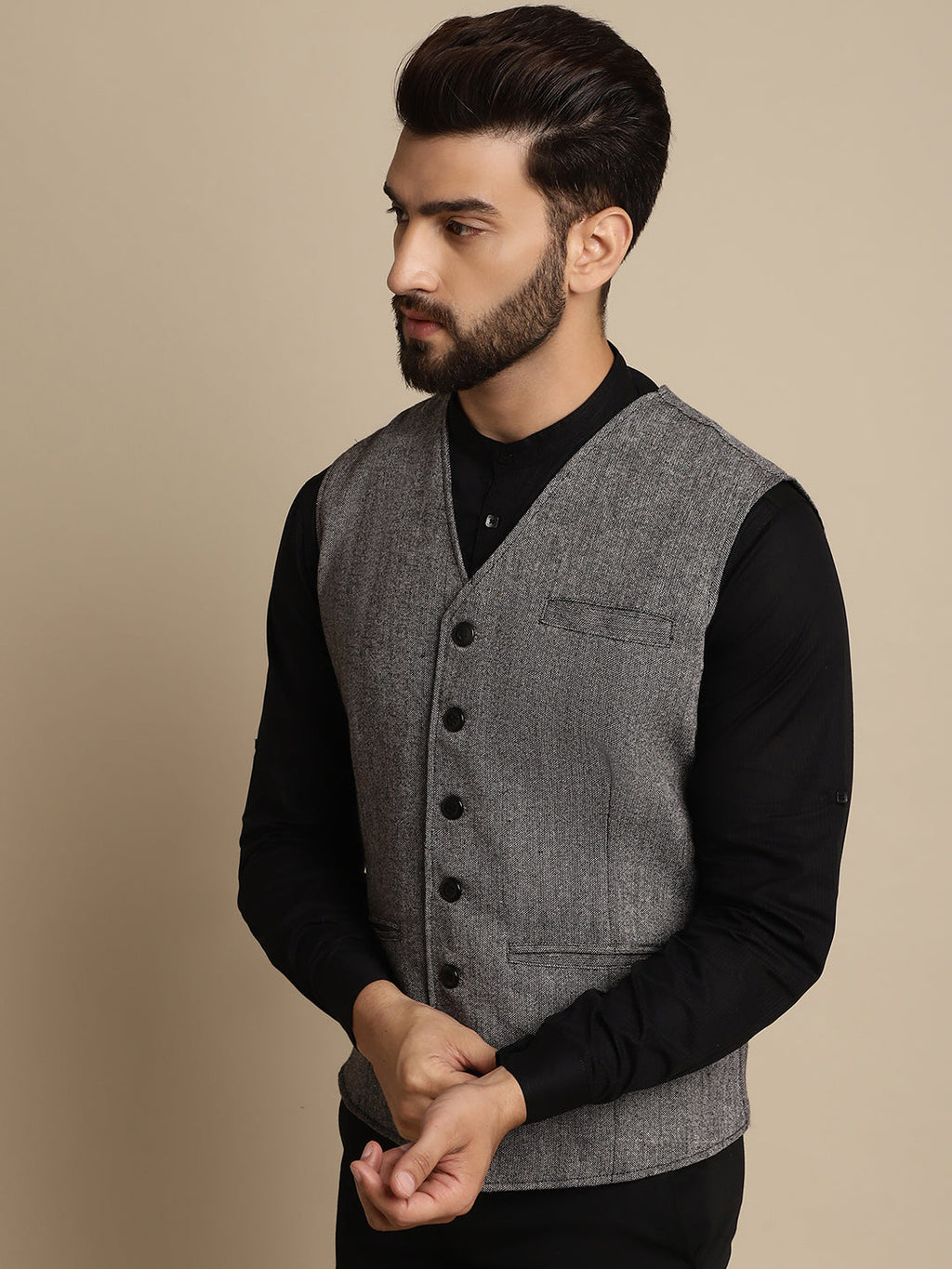 Even Apparels Men's Black Woolen Waistcoat with welt pockets | Grocsy