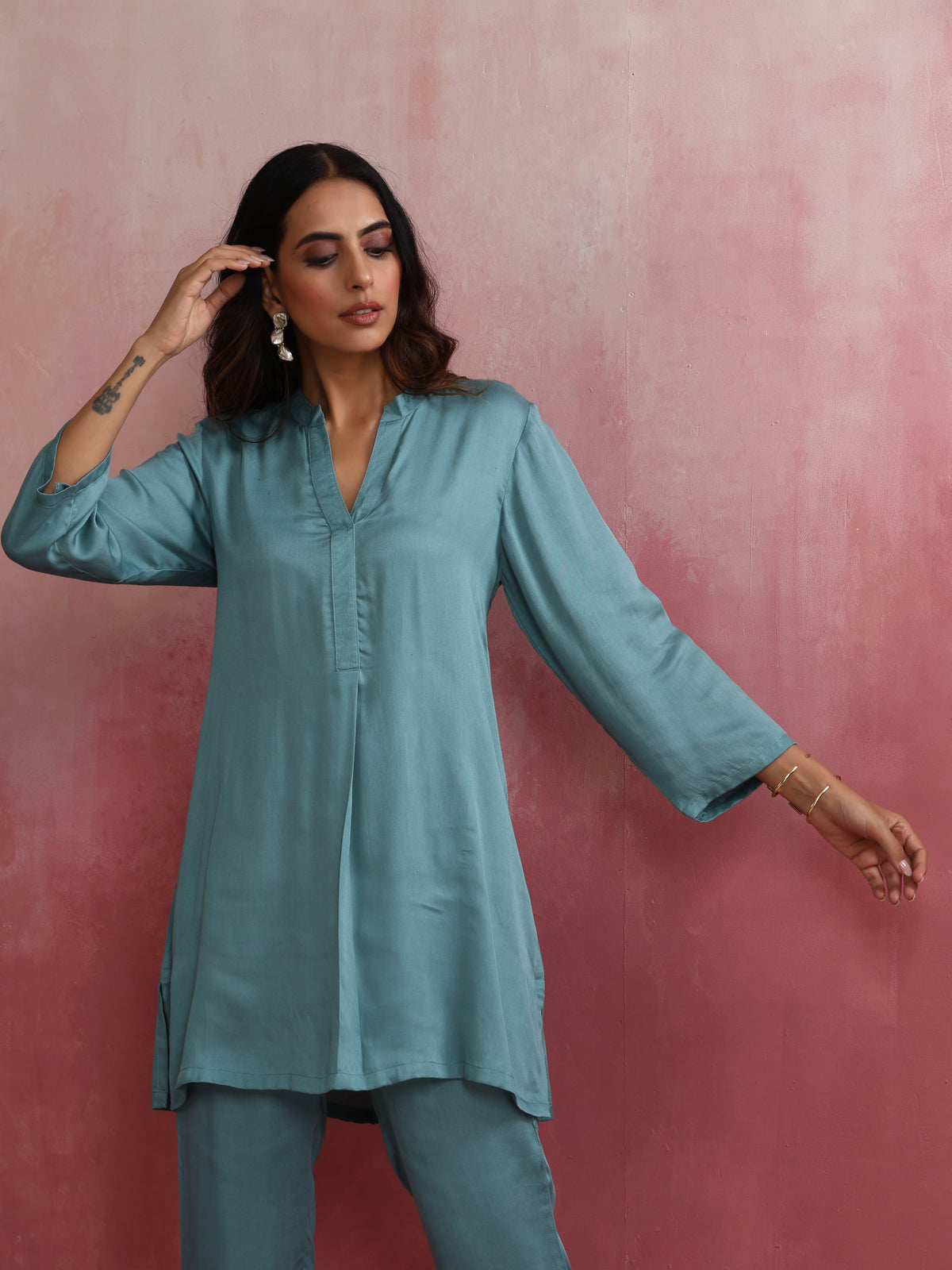 trueBrowns Light Blue Modal Straight Kurta Co-ord Set | Grocsy