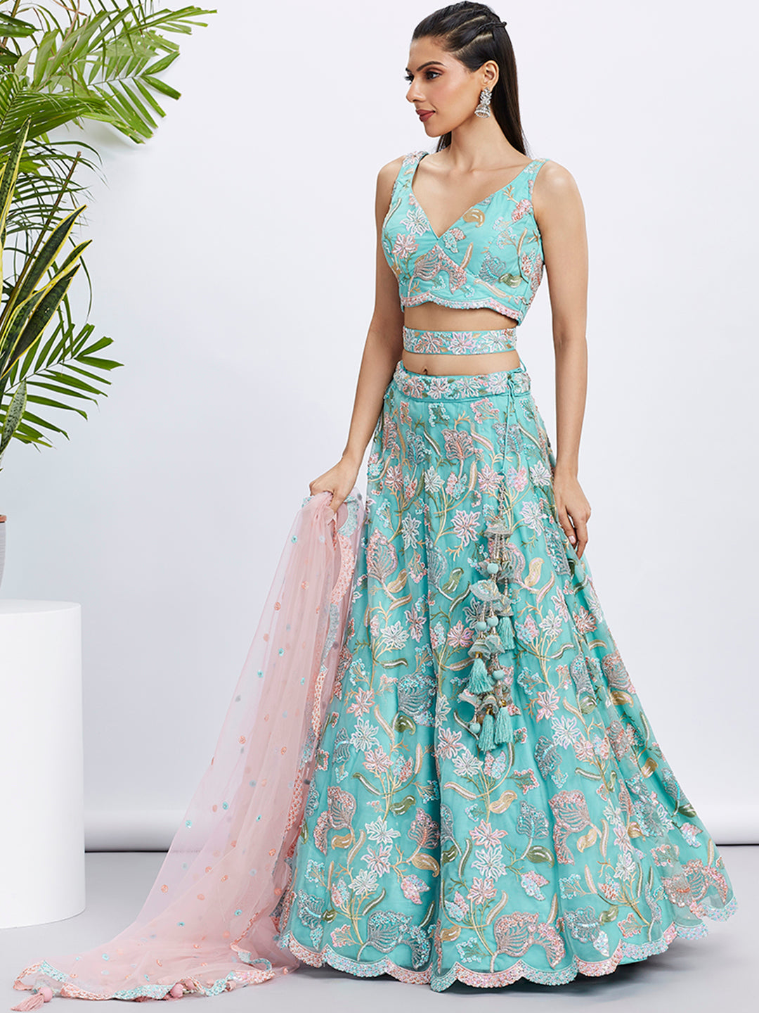 House of Panchhi Turquoise Blue Chiffon Sequins And Thread Embroidery Lehenga Choli & Printed Dupatta | Grocsy