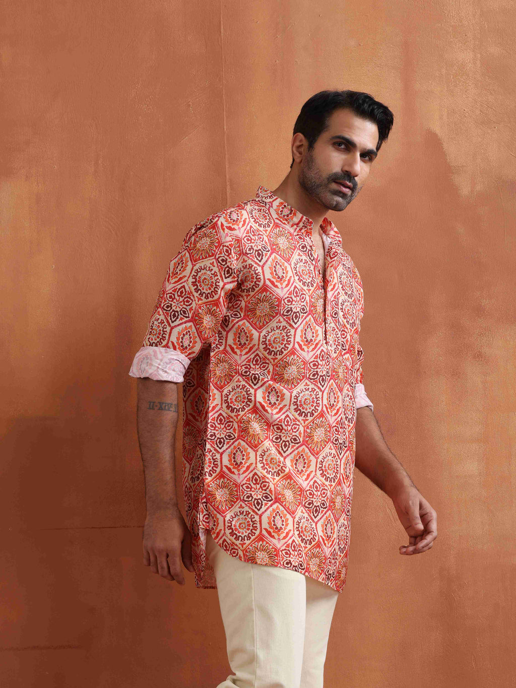 trueBrowns Men's Beige Printed Short Kurta | Grocsy