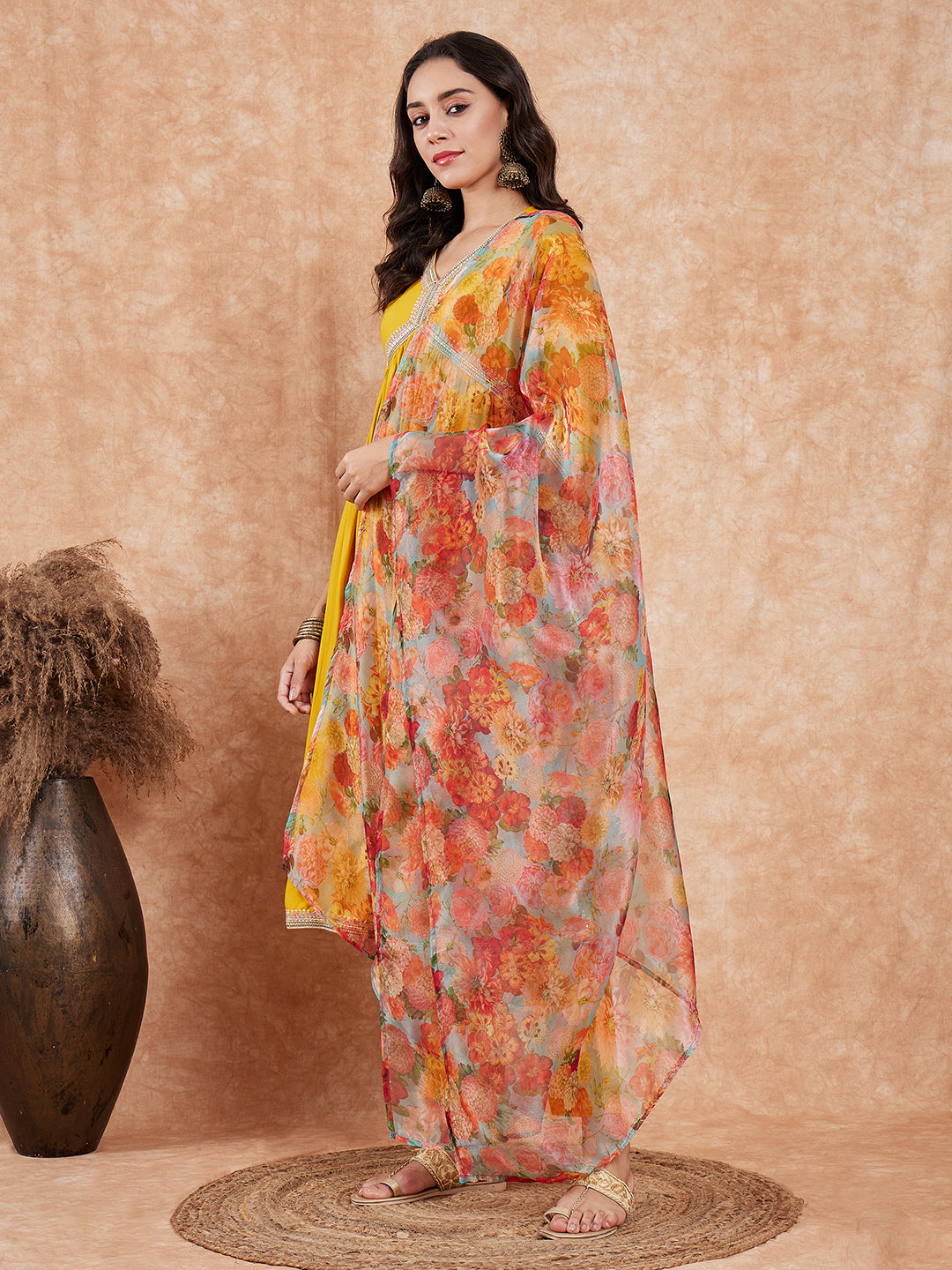 InWeave Women's Mustard Alia Neck Style Gota Set W Organza Dupatta | Grocsy