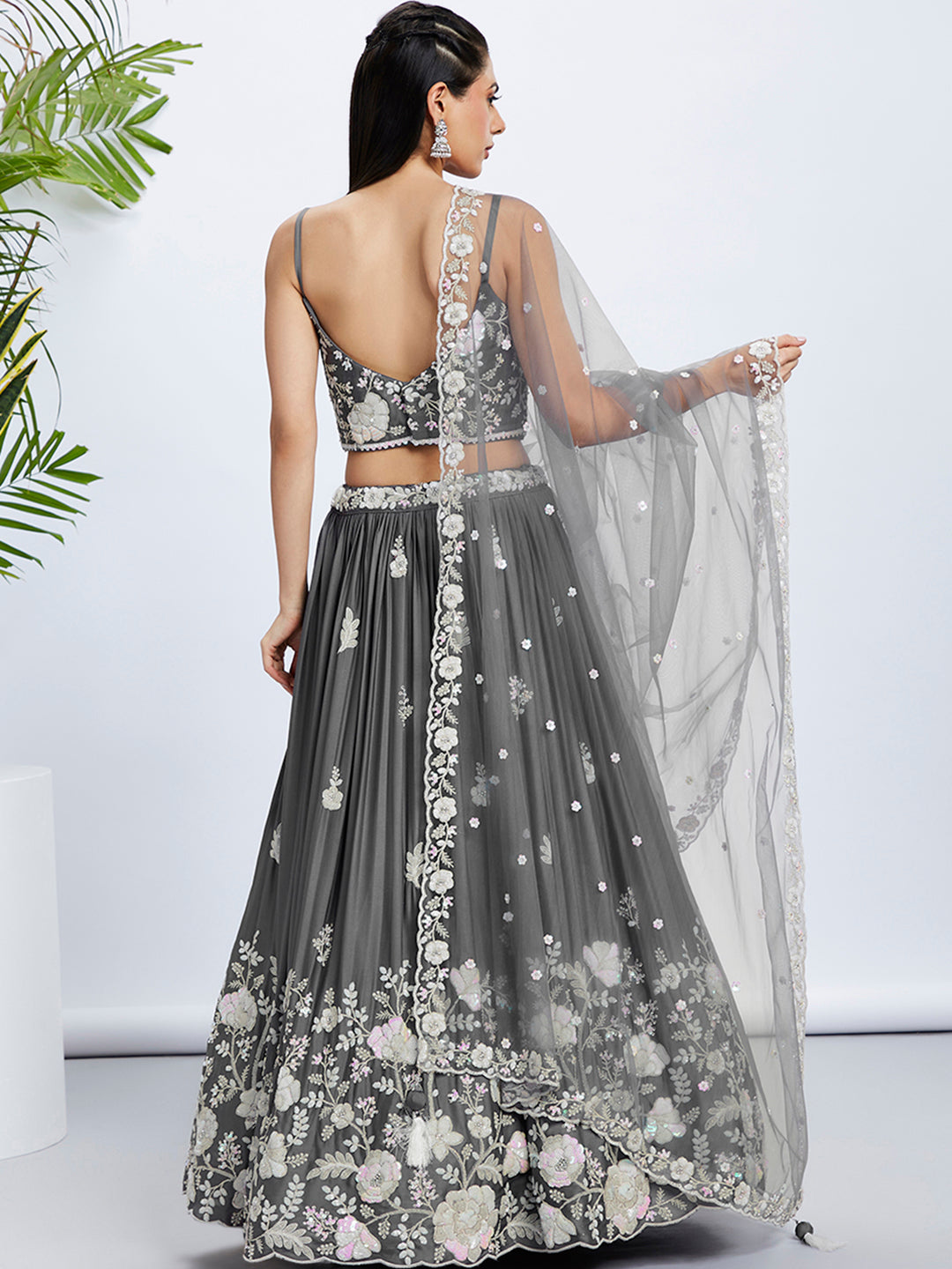 House of Panchhi Navy Blue Georgette Sequins, Mirror And Thread Embroidery Lehenga Choli & Dupatta | Grocsy