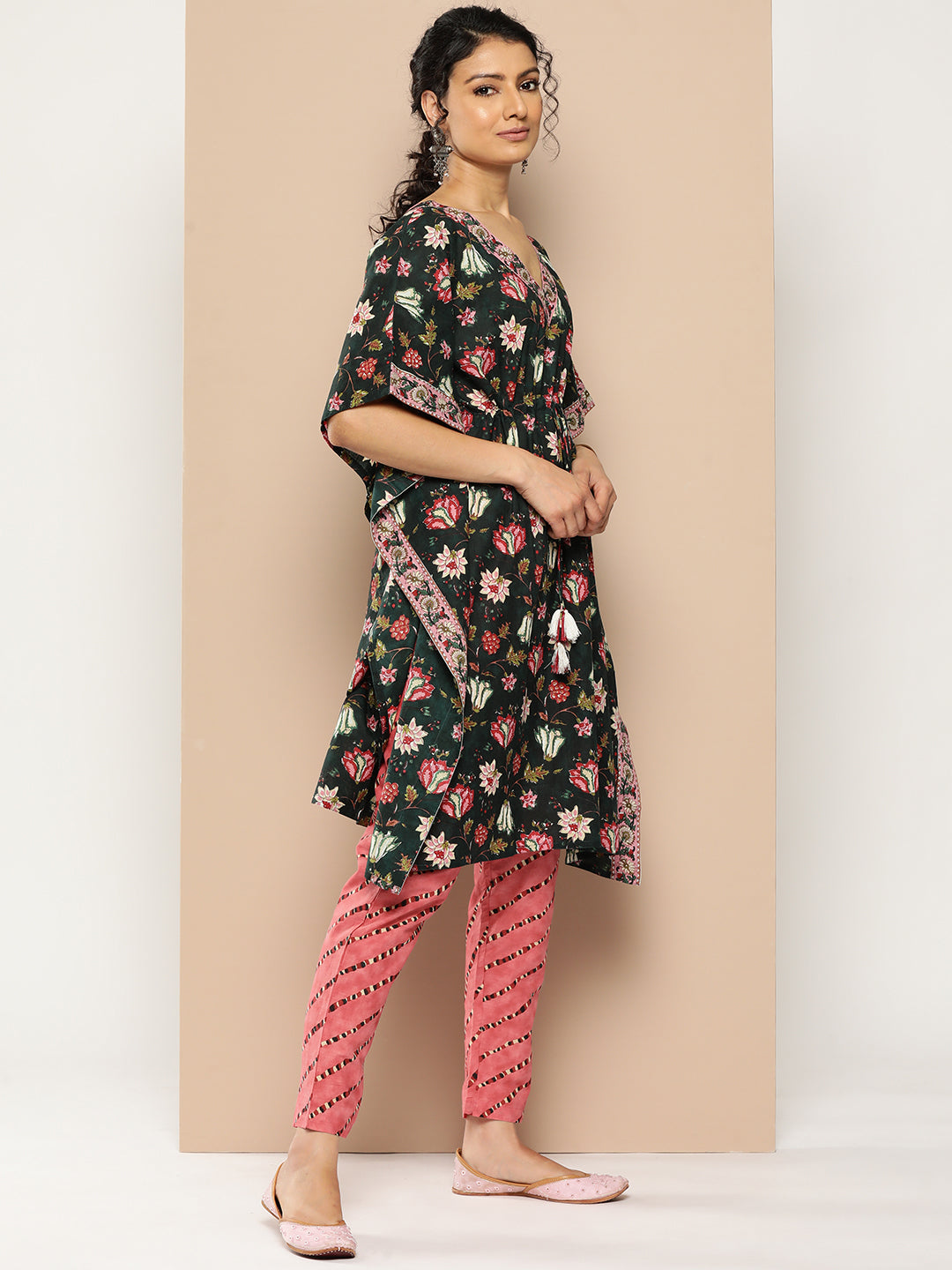 KSUT (House of Varanga) Green And Peach Floral Print Kaftan Trouser Set. | Grocsy