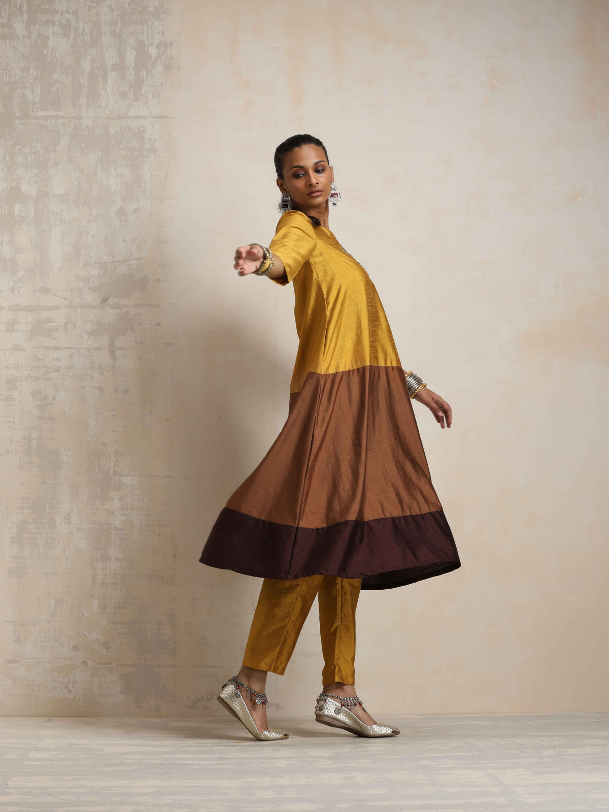 trueBrowns Gold Brown Silk A-line Kurta Set | Grocsy