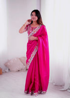 Lorenvalley Fashion Magenta Jimmy Choo with Embroidery Threads Codding & Sequins Work Saree with Blouse | Grocsy