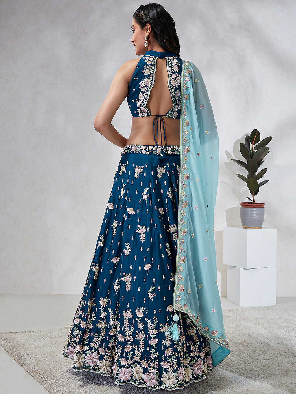 House of Panchhi Teal Pure Georgette Sequins And Thread Embroidery Lehenga Choli & Dupatta | Grocsy