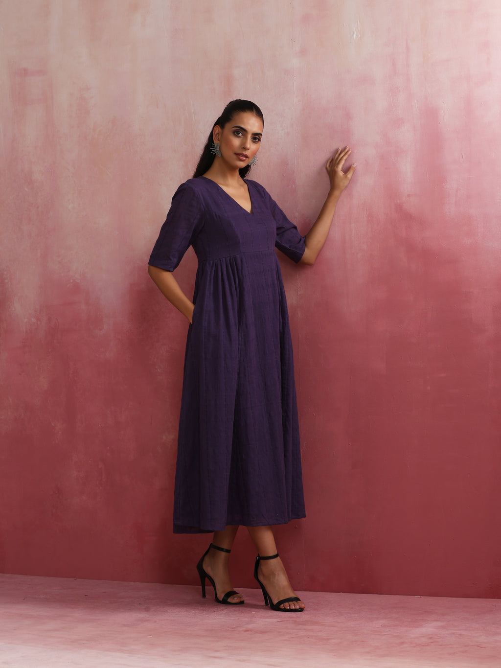 trueBrowns Purple Cotton Dobby Dress | Grocsy