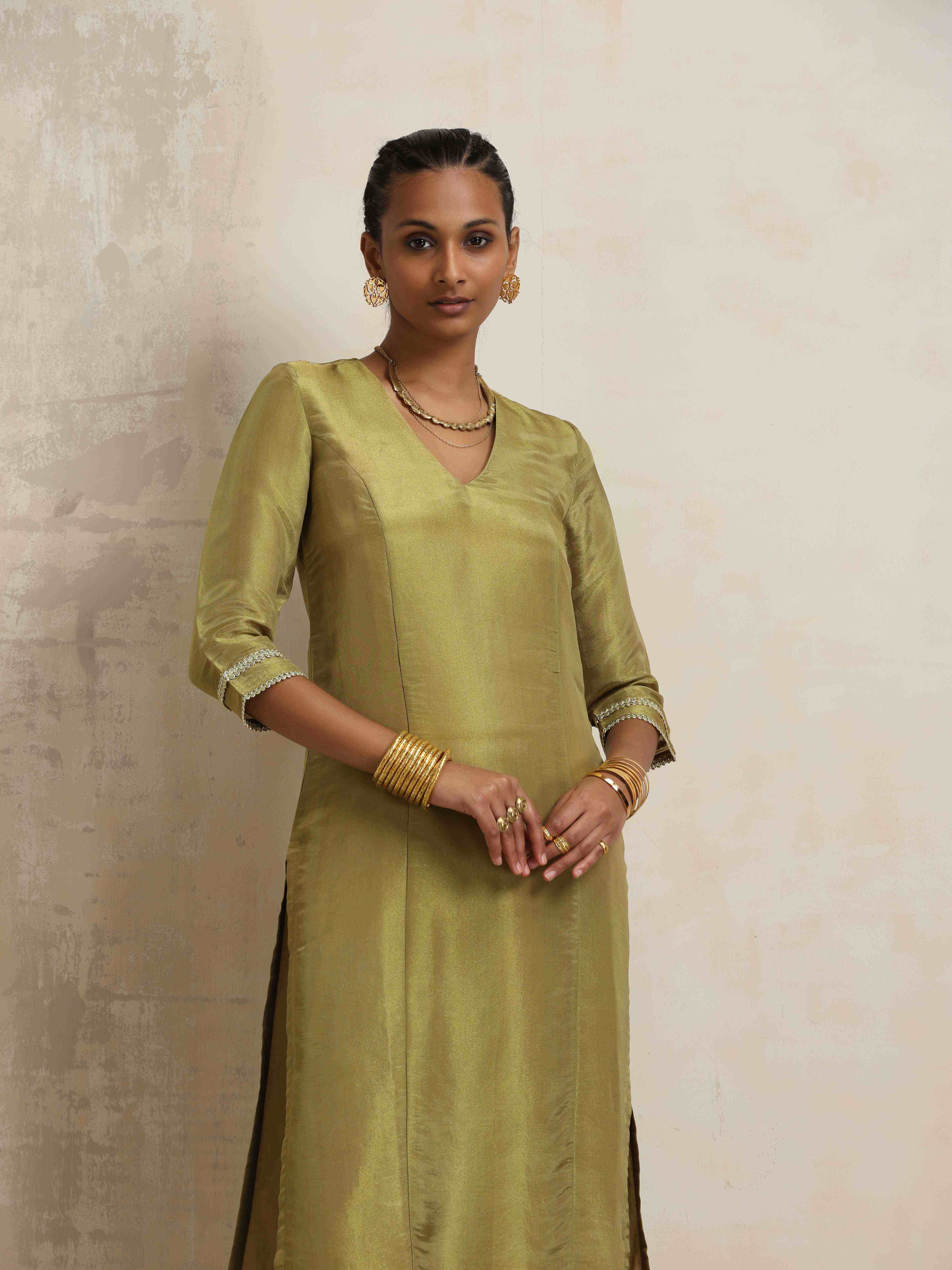 trueBrowns Green Tissue Straight Kurta Set | Grocsy