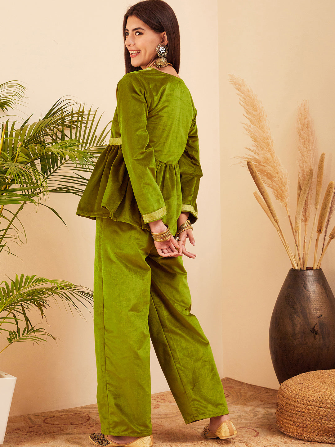InWeave Women's Olive Mughal Shaan Style Velvet Short Kurta Set | Grocsy